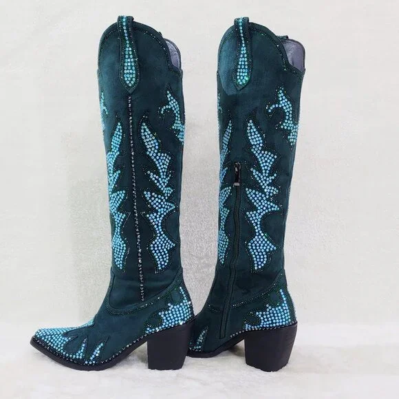 Sparks Country Western Cowgirl Knee Boots Dazzleing Iridescent Rhinestones Green